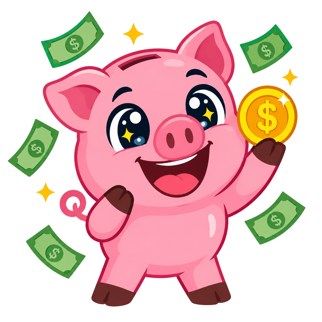 Cash Pig, a happy pink piggy bank holding a gold coin